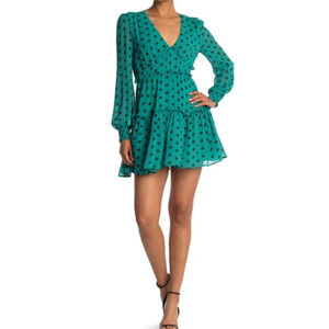 One One Six Polka Dot Dress Womens Medium Green Ruffle V Neck Teal Black Tiered